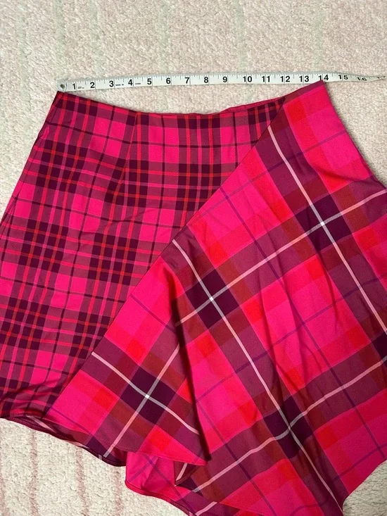 NWT Trina Turk Hot Pink Purple Plaid Asymmetrical Skirt Office Clueless Size 8 - Picture 8 of 11